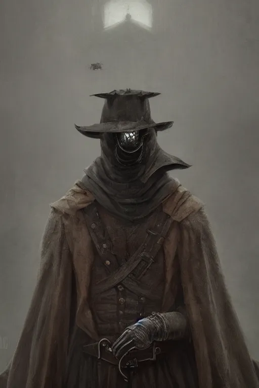 Image similar to A fancy portrait of a 1300's Plague Doctor by Greg Rutkowski, Sung Choi, Mitchell Mohrhauser, Maciej Kuciara, Johnson Ting, Maxim Verehin, Peter Konig, Bloodborne, 8k photorealistic, cinematic lighting, HD, high details, dramatic, dark atmosphere, trending on artstation