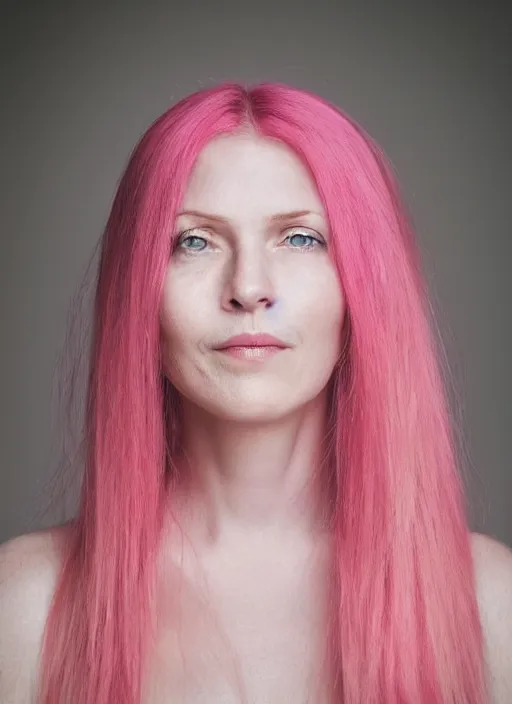 Prompt: portrait of a woman, symmetrical face, pink hair, she has the beautiful calm face of her mother, slightly smiling, ambient light