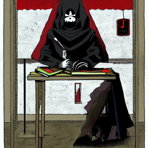 Image similar to dark lord sitting at desk, 3 / 4 view, portrait, ghibli, red demon cyberpunk symbols