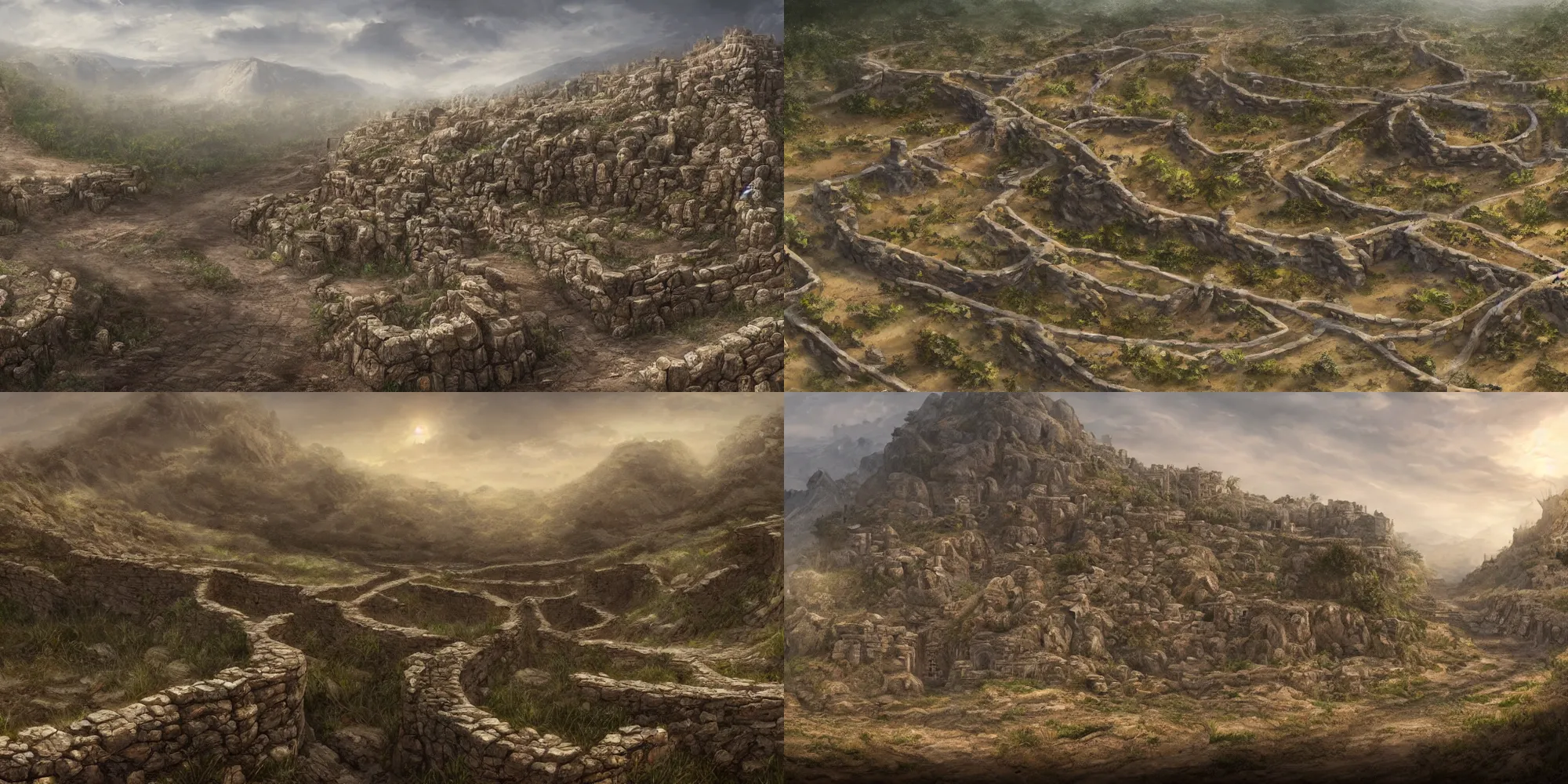 Prompt: Wide shot, hyperdetailed masterpiece concept art of a dirt road between stone walls made of faces, 4k Detailed Matte Illustration trending on ArtStation