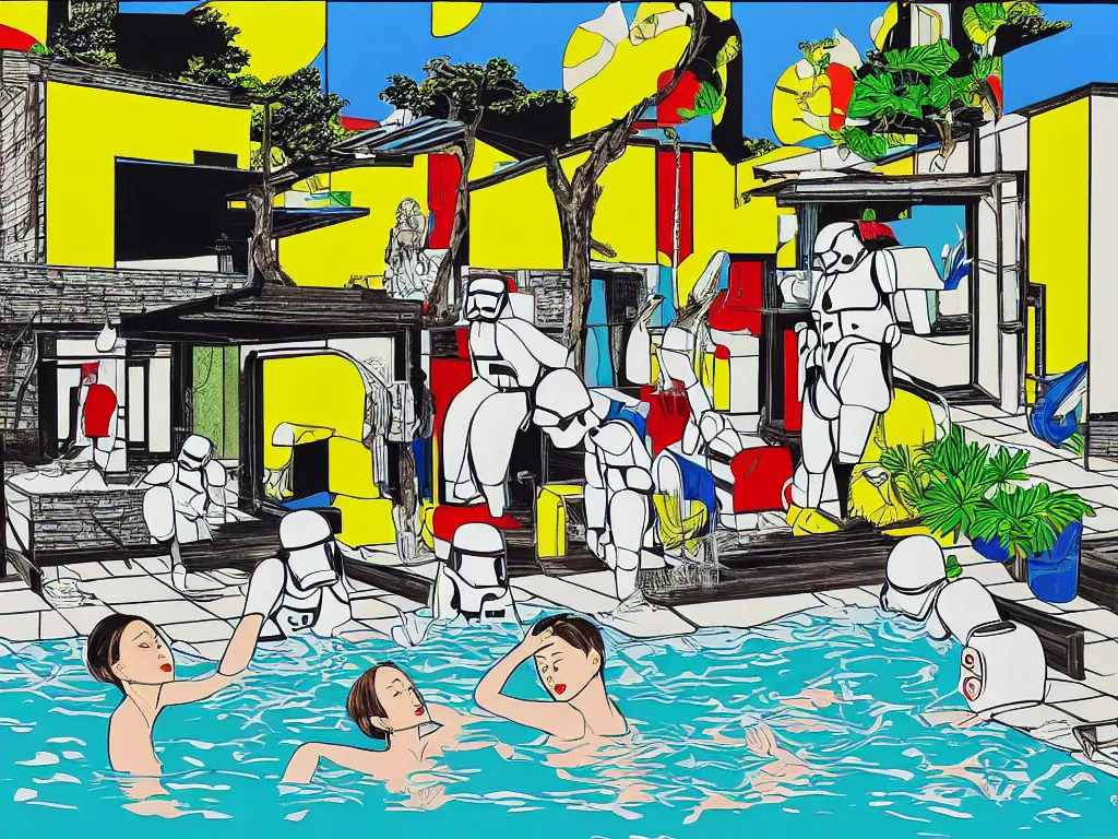 Image similar to hyperrealism composition of the japanese house with a hot springs in the garden, two detailed stormtroopers bathe in a hot spring, pop - art style, jacky tsai style, andy warhol style, roy lichtenstein style, acrylic on canvas