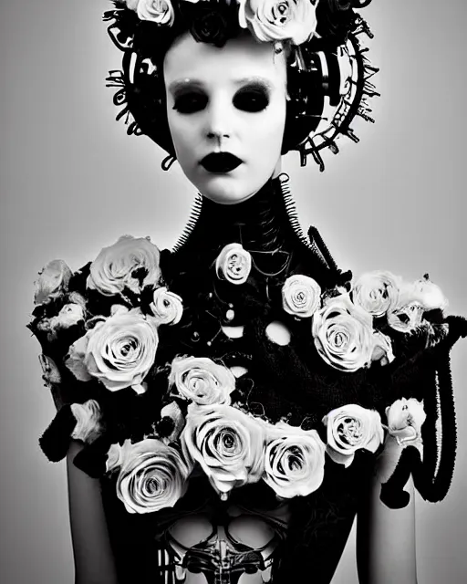 Image similar to dreamy surreal poetic black and white photo of a beautiful young female-cyborg-vegetal-robot with a very long neck and a super big gothic lace collar and a very high big floral crown with many black dry roses by Vivienne Westwood:: smoke, high fashion, haute couture, rococo, avant-garde, elegant, dreamy, hyper realistic, 150 mm lens, soft rim light, octane render, unreal engine, picture was taken in 1910 by Dora Maar, volumetric lighting, dramatic light,8k,