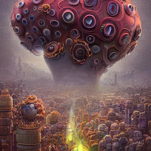 Prompt: a surreal landscape of dystopian city with octopus shaped buildings naoto hattori, android jones, and chris dyer, deep bold colors, galactic entity, depth of field, intricate beautiful painting, billions of details, octane render, portal, 8 k, detailed vector, trending on artstation, cgisociety, wow!!!!!!