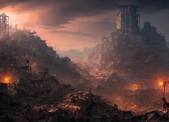 Prompt: highly detailed macro shot of rubble city focusing on a male explorers face, rule of thirds, cinematic view, epic sky, detailed, concept art, low angle, high detail, warm lighting, volumetric, godrays, vivid, beautiful, by jordan grimmer, huge scene, art greg rutkowski