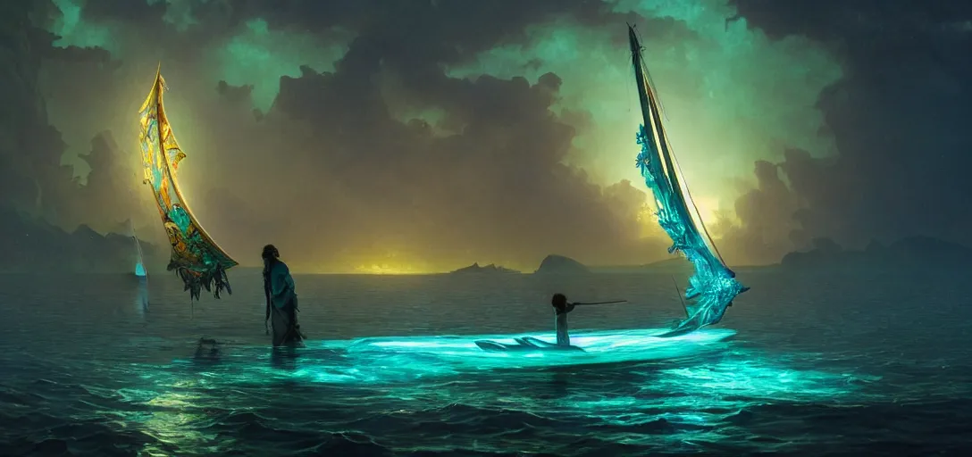 Prompt: epic fantasy render of a beautiful bioluminescent lake, sailboat made from decomposing animals, dark retrowave, highly detailed, digital painting, cinematic, hyperrealism, rpg portrait, dynamic lighting, art by magali villeneuve and alphonse mucha, artstation, octane render, cgsociety