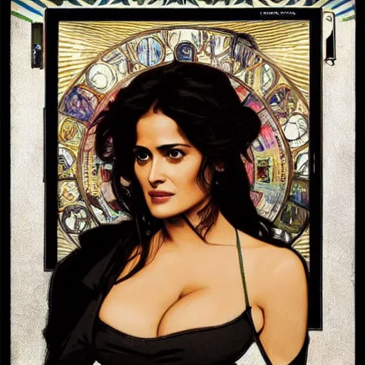 Image similar to salma hayek in a cyberpunk city bar by alphonse mucha, perfect proportions, beautiful face, perfect eyes, real life colors, elegant, sharp focus, hyper - realistic, 4 k, highly detailed, hd, dramatic lighting by brom