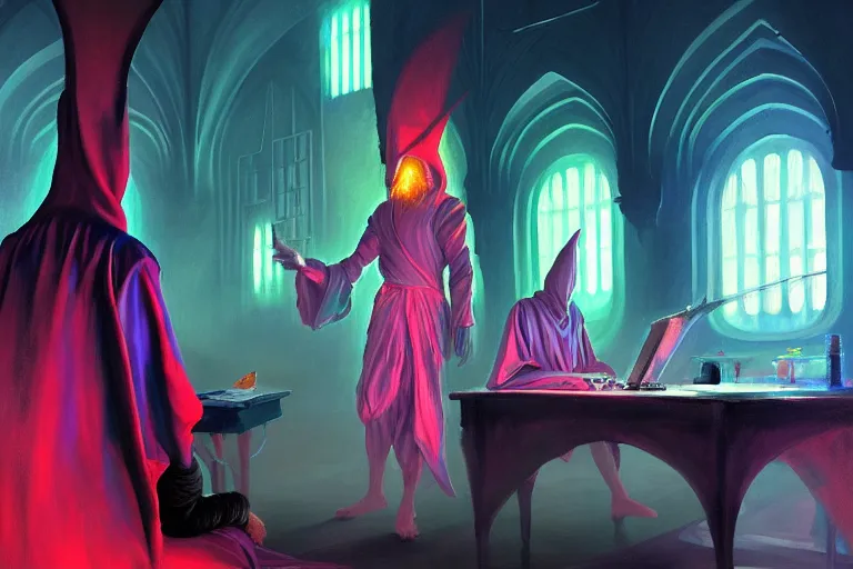 Image similar to A beautiful masterpiece painting of a technomancer wizard in robes with pointed hood discussing sentience with his synthesized Al djinn in his laboratory near a computer (by Remedios Varo and Anato Finnstark and Greg Rutkowski), (dayglo pink, dayglo blue, dazzle camouflage), 8k, trending on ArtStation