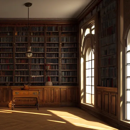 Image similar to inside a victorian dining room with bookcases on the walls, sunlight shines through the windows and produces rays of light in the dust ray traced unreal 5, ultra details