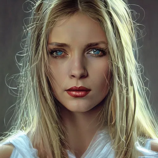 Image similar to close up face of a extremely beautiful bond female vam pire portrait, Masterpiece, oil on canvas, artgerm, norman rockwell, craig mulins, trending on pxiv,