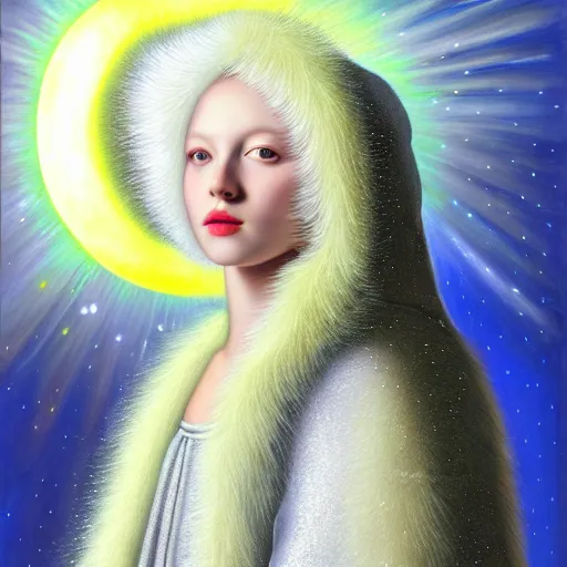 Prompt: beautiful high details hyper realistic painting of white angel in the hood coming from space with giant ball of miracle light from the chest!!!!!, 4 k hd face!!!, big fur silver holographic wings, by jan van eyck, holography space, white sparkles everywhere, thin strokes, high textures, silver background