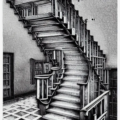 Prompt: impossible connecting staircases, pen and ink, M.C.Escher, insanely detailed, 4K,