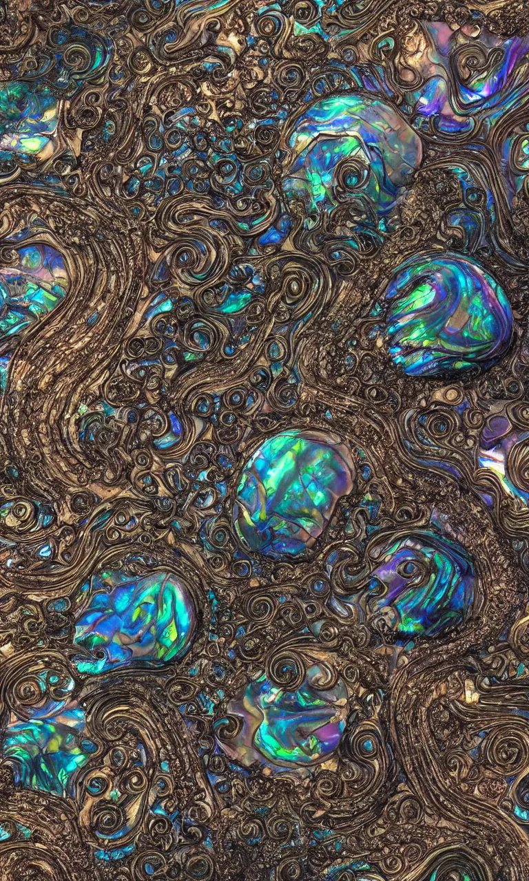 Image similar to Art Nouveau cresting oil slick waves, hyperdetailed bubbles in a shiny iridescent oil slick wave, black opal, abalone, paua shell, ornate copper patina medieval ornament, rococo, oganic rippling spirals, octane render, 8k 3D