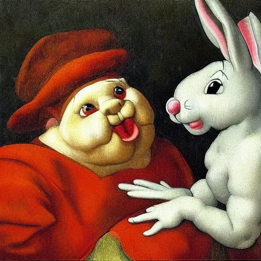 Prompt: obese bugs bunny painting, painted by michelangelo, renaissance painting, beautiful