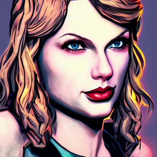 Prompt: taylor swift portrait, borderlands, tales from the borderlands, the wolf among us, comic, cinematic lighting, studio quality, 8 k