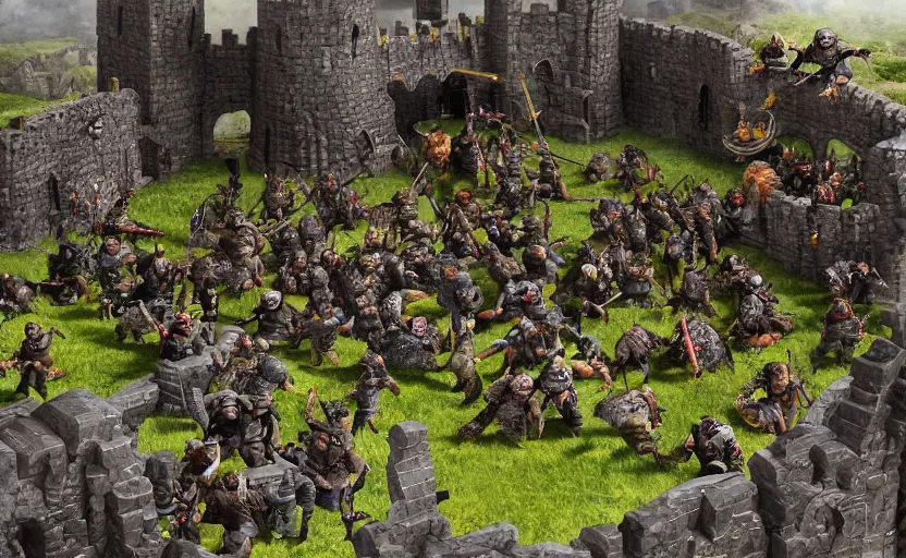 Image similar to diorama of minions fighting orcs in the battle of helm's deep, giant castle walls, realistic, 4 k, detailed