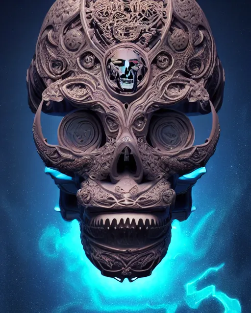 Image similar to 3 d ornate carved robot with tattoos profile portrait, sigma 5 0 0 mm f / 5. beautiful intricate highly detailed skull. bioluminescent, plasma, lava, ice, water, wind, creature, thunderstorm! artwork by tooth wu and wlop and beeple and greg rutkowski, 8 k trending on artstation