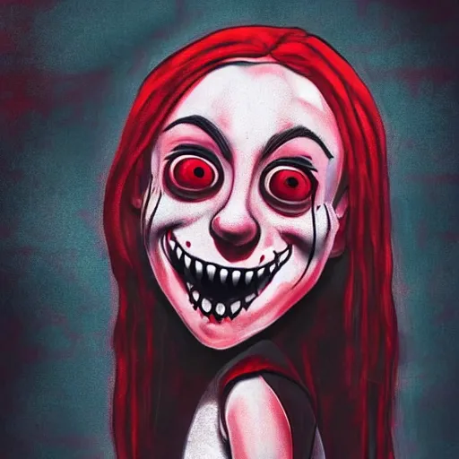 Image similar to grunge painting of billie eilish with a wide smile and a red balloon rick and morty style, creepy lighting, horror theme, detailed, elegant, intricate, conceptual
