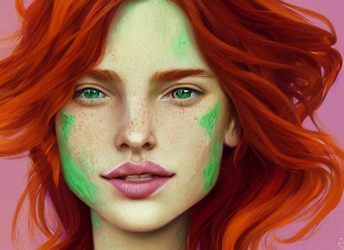 Image similar to portrait of a beautiful smiling girl with orange hair and freckles, green eyes, elegant. highly detailed, digital painting, artstation, concept art, smooth, sharp, focus, illustration. background is purple, art by Lera Kiryakova