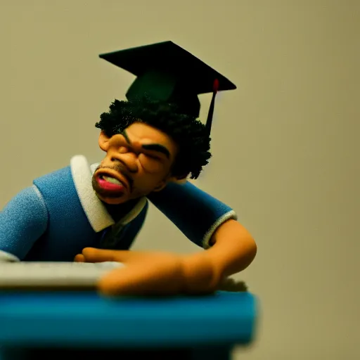 Image similar to a cinematic film still of a claymation stop motion film starring chance the rapper as a college student, shallow depth of field, 8 0 mm, f 1. 8