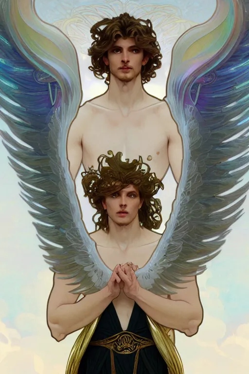 Image similar to symmetrical, beautiful young fit male angel with curly blond hairs, dressed with fluent clothes, majestic wings, luminous halo, by greg rutkowski and alphonse mucha, d & d character, gradient white to gold, in front of an iridescent background, highly detailed portrait, digital painting, artstation, concept art, smooth, sharp focus ilustration, artstation hq