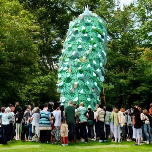 Prompt: composed celadon by hayao miyazaki, by jacob hashimoto. sculpture. a group of people gathered around a large tree in a forest. the tree is surrounded by a bright light, & the people appear to be looking up at it in wonder.