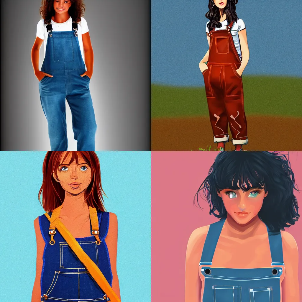 Prompt: a tanned girl wearing overalls, digital art, hd