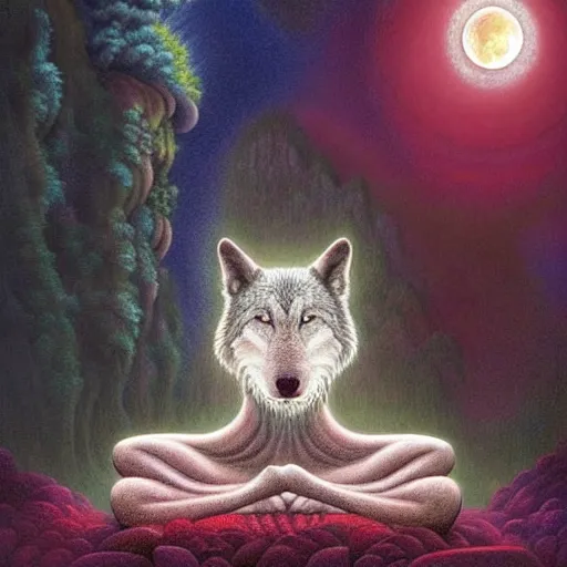 Image similar to an athromorphic wolf character meditating in a zen garden with a waterfall under the blood moon, by Adi granov and afarin sajedi and amanda sage and evgeni gordiets and Agostino Arrivabene in a psychedelic portrait style, ultrarealistic matte painting, volumetric lighting, fractal, extremely symmetrical, highly detailed face, orisha, 8k, hd