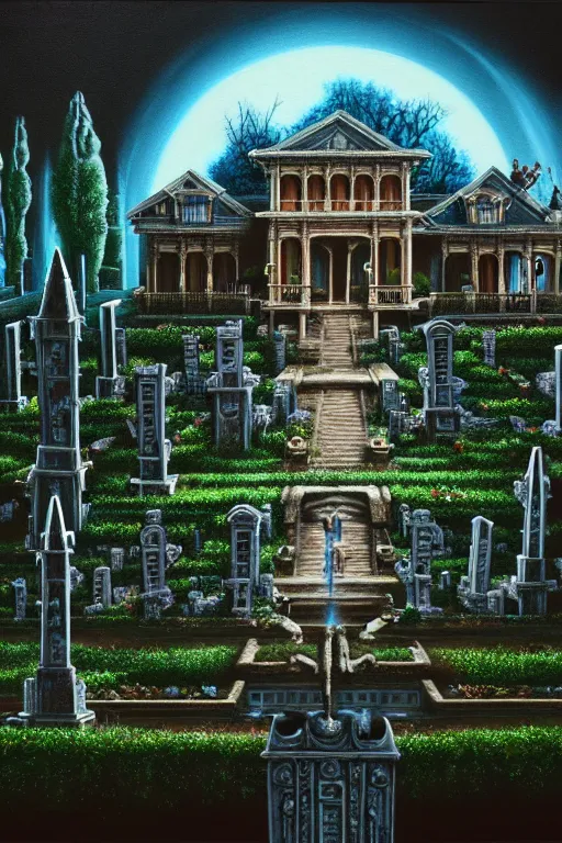 Image similar to a highly detailed painting of a haunted mansion with gardens and fountains surrounded by a cemetery, 1 9 8 0 s science fiction, 1 9 7 0 s science fiction, alien 1 9 7 9, cyberpunk, 3 d oil painting, depth perception, 4 k, artstation