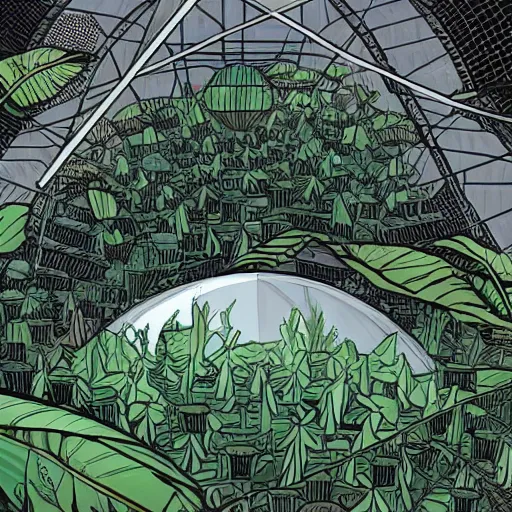 Image similar to a city shrouded in a dome of transparent plants, comic book style, high res