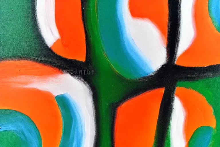 Image similar to born under a bad sign, good luck and trouble are my only friends, colors orange, white!!, dark green, dark blue, surreal abstract painting