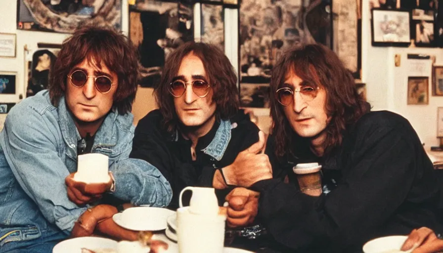 Prompt: candid 35mm photo of John Lennon and Tupac Shakur hanging out at a cafe in 2022