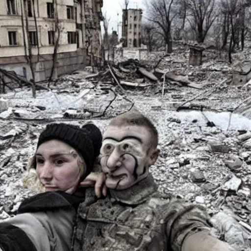 Image similar to the last selfies taken in ukraine after the nuclear war, the terrible terrible mutilations