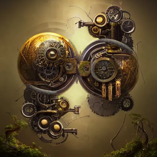 Prompt: a beautiful ultradetailed fine art RPG portrait photo of a mechanical industrial steampunk yin yang symbol, overgrown with morning glory flowers, montsera leaves by tom bagshaw and zach sutton, golden ratio composition, soft studio lighting, soft vignette, 50mm lens, very detailed, bionic, cybernetic scifi, deep depth of field, artstation, 8K, highly coherent