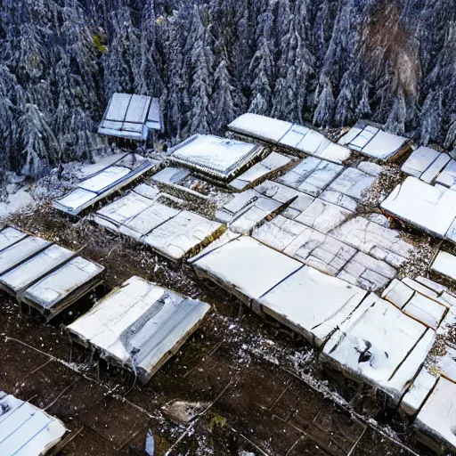 Prompt: sattelite image of post pocaliptic snow from 250 meters height, old lumber mill remains, few crates with wood and supply, beautiful icy area