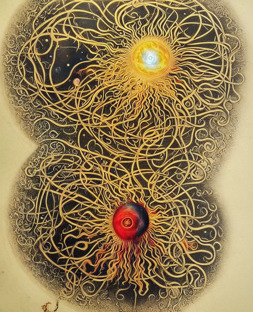 Image similar to a wild child creature radiates a unique canto'as above so below'while being ignited by the spirit of haeckel and robert fludd, breakthrough is iminent, glory be to the magic within, in honor of jupiter's day, painted by ronny khalil