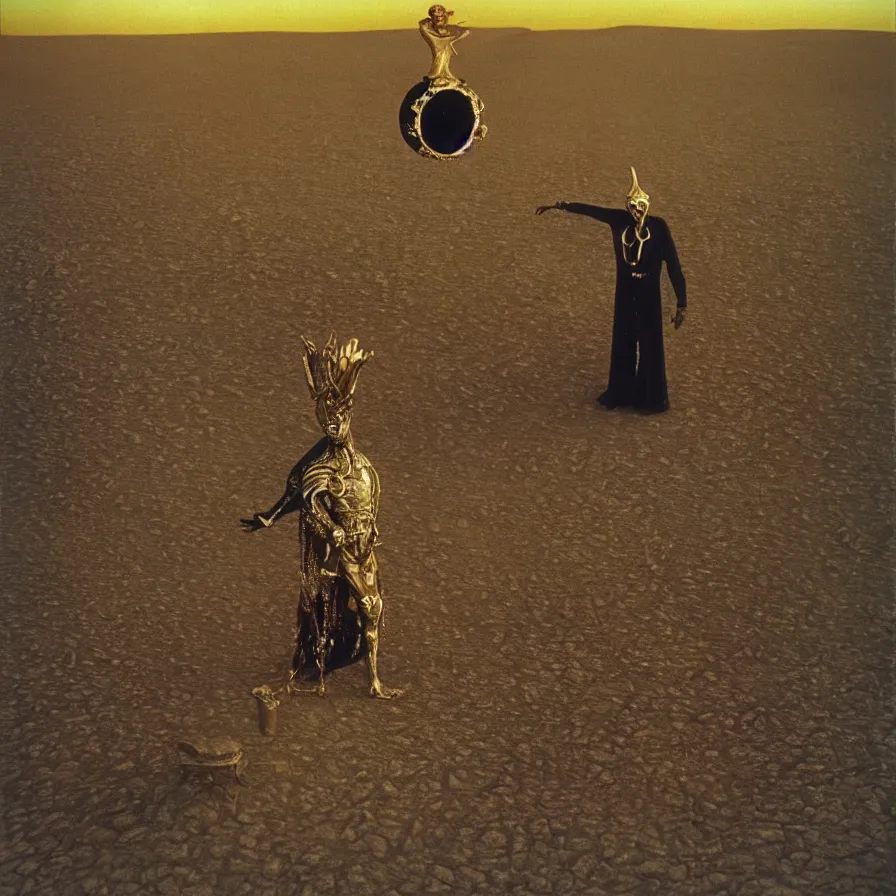 Image similar to salvador dali wearing a golden horned crown and jewels in a dry sand desert landscape, alien spaceship by giger, film still from the movie by alejandro jodorowsky with cinematogrophy of christopher doyle and art direction by hans giger, anamorphic lens, kodakchrome, very detailed photo, 8 k