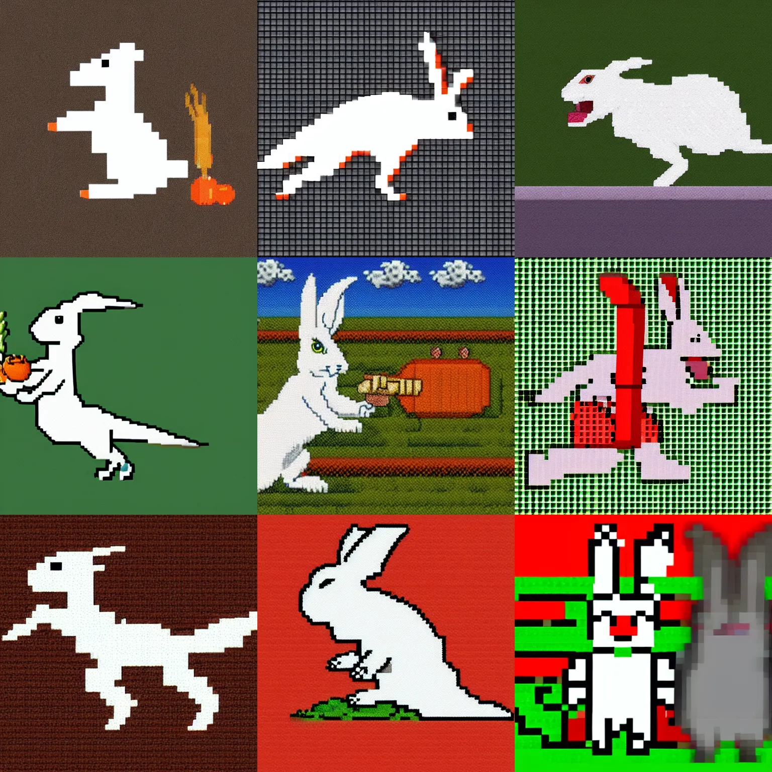 Prompt: a white hare screaming like a trex because a carrot is missing. pixelart