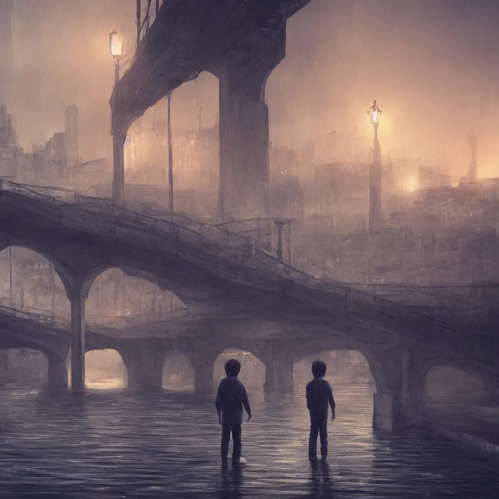 Prompt: a lonely boy in a city bridge looking to the river at night, digital painting, masterpiece, digital art, hyperrealistic, concept art, octane render, unreal engine 5, trending on deviantart, sad atmosphere, centered, anatomically correct, oil painting, low contrast, serene scenery, loneliness