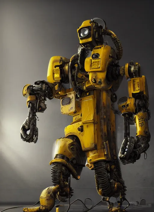 Image similar to a photorealistic dramatic hyperrealistic render of a futuristic exosuit power loader heavy machinery, ultra realistic details, glossy yellow, well worn, rust, oil stains by vitaly bulgarov and mike nash, beautiful dramatic dark moody tones and lighting, cinematic atmosphere, studio lighting, shadows, dark background, octane render, 8 k