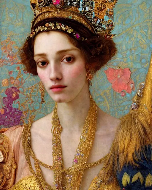 Prompt: a close up of beautiful girl wearing a crown wearing and golden jewellery surrounded by colourful intricate patterns, by edgar maxence and caravaggio and michael whelan, intricate painting, hyper realistic, extremely detailed and beautiful aesthetic face, 8 k resolution