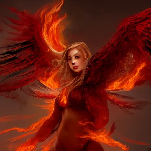 Image similar to detailed portrait of a fiery phoenix woman rising from fire spreading her wings with fiery marks all across her body, magically, magic, fire, realism, ruby, sunlit, dark fantasy, dramatic lighting, cgsociety, artstation