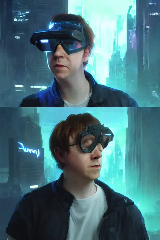 Image similar to Rupert Grint as Ron Wisly with visor in cyberpunk, neon lighting, night city, digital art from artstation by Ruan Jia and Mandy Jurgens and Artgerm and william-adolphe bouguereau and Greg Rutkowski