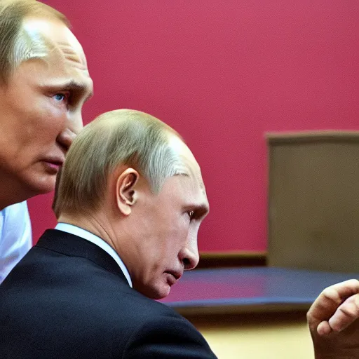 Image similar to a still of vladimir putin being scolded by a teacher at school