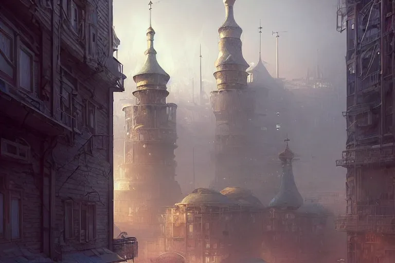 Image similar to It’s dreamy on the streets of Russian panel houses quarters on the Moon city, Norilsk, sci-fi, fantasy, intricate, very very beautiful, elegant, highly detailed composition, digital painting, artstation, concept art, smooth, sharp focus, illustration, art by artgerm and greg rutkowski and alphonse mucha