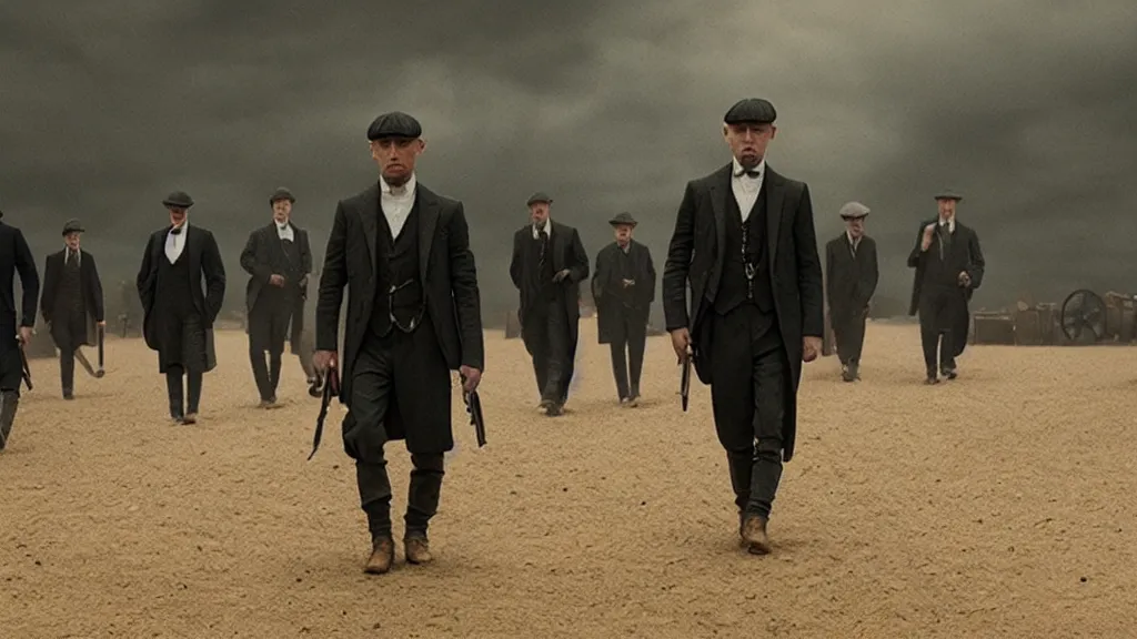 Image similar to the peaky blinders made of of peanuts, film still from the movie directed by denis villeneuve with art direction by zdzis