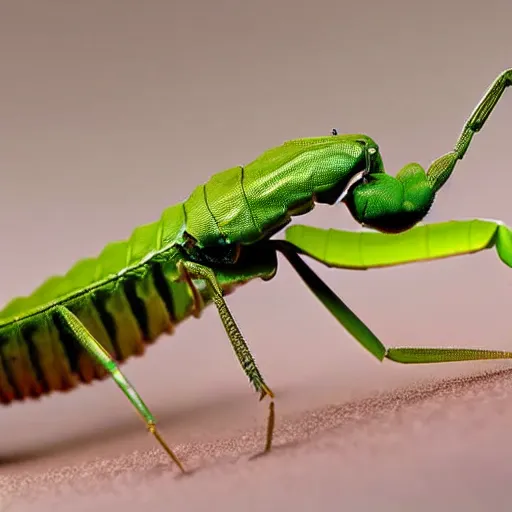 Image similar to centipede and praying mantis morphed together, half praying mantis and half centipede, realistic picture taken at zoo