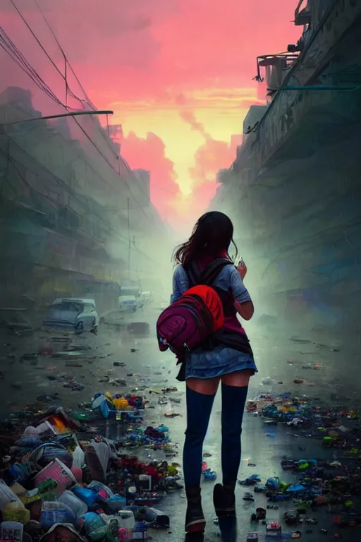 Prompt: beauty teenage girl in short with backpack looking at food at garbage dump, destroyed cars, city is pure wasteland, moody sunset background, rays of sunlights, ( ( ( rainy day, rainbow ) ) ), high details, sharp, photorealism, cinematic, greg rutkowski, alphonse mucha, trending on artstation, artgerm, unreal engine, highly detailed