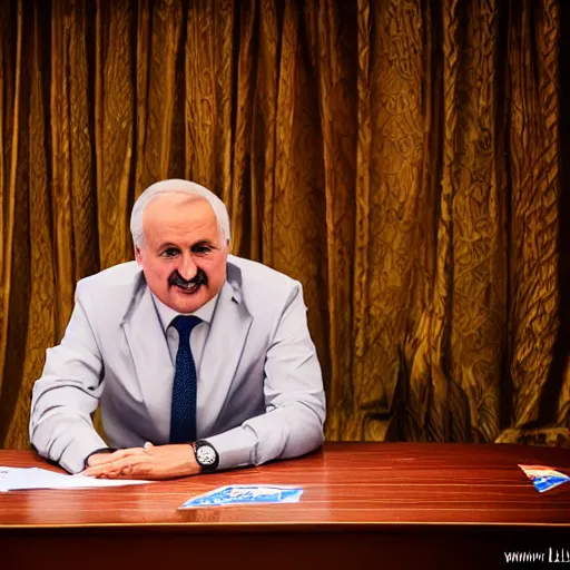 Prompt: Lukashenko as a stand-up comedian, DSLR, Photo, Ultra detailed