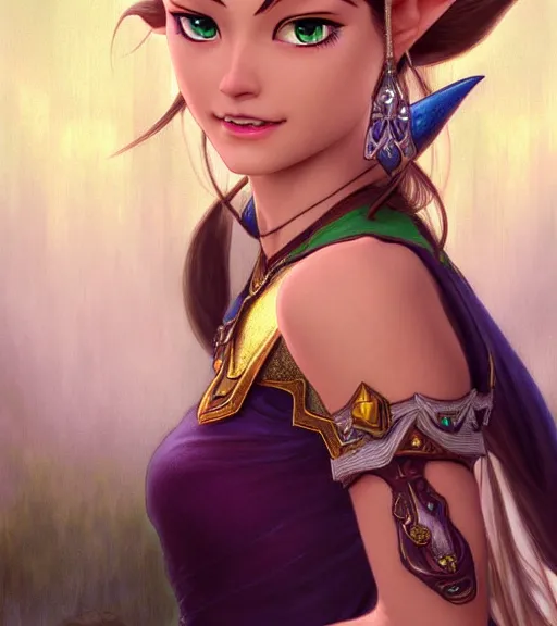 Image similar to portrait of disney zelda twilight princess!!!!!, intricate, elegant, highly detailed, digital painting, artstation, concept art, smooth, sharp focus, illustration, art by artgerm and greg rutkowski and alphonse mucha and uang guangjian and gil elvgren and sachin teng and wlop, symmetry!!