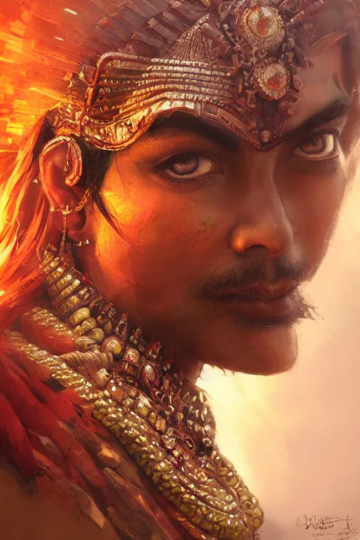 Image similar to hindu warrior, close - up portrait, fierce, intricate, elegant, volumetric lighting, scenery, digital painting, highly detailed, artstation, sharp focus, illustration, concept art, ruan jia, steve mccurry